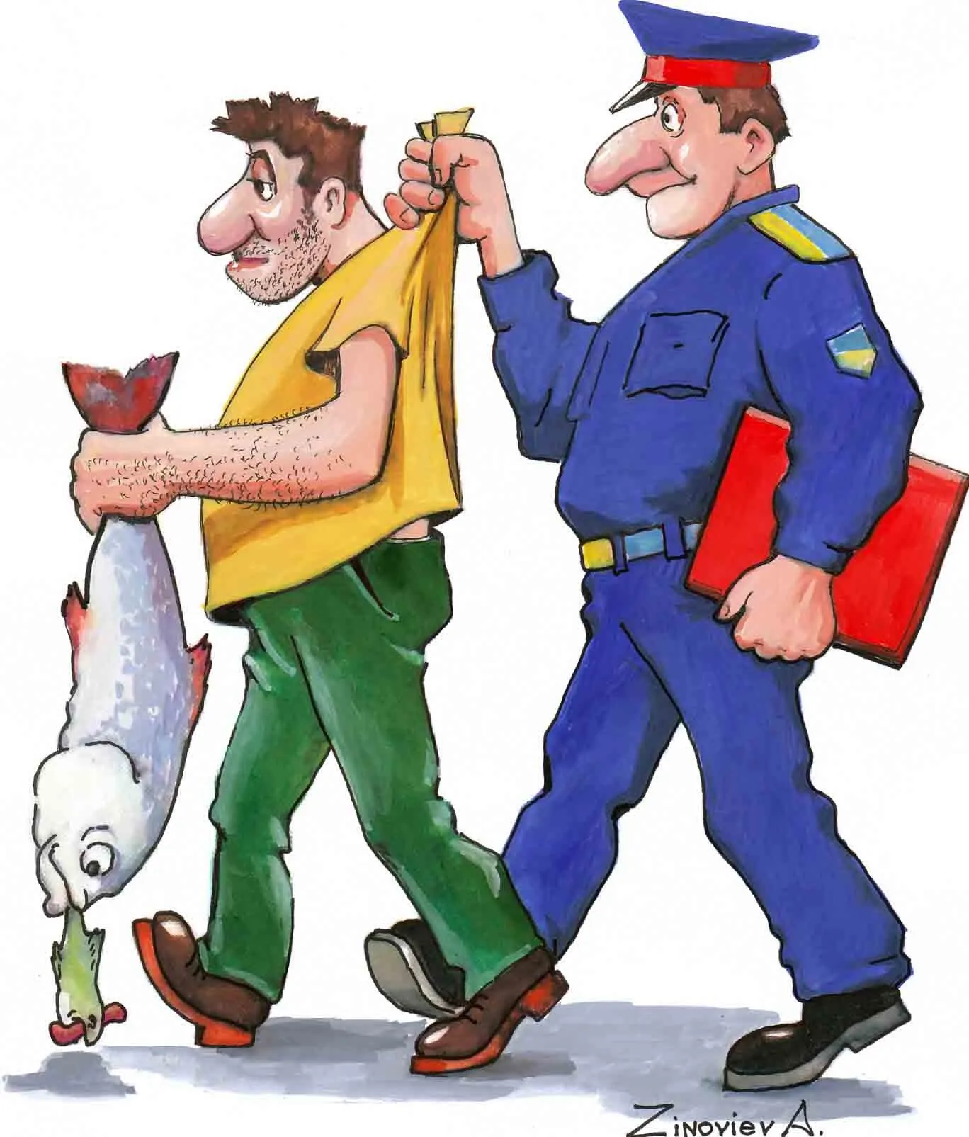 Cartoon of a policeman marching off a fisherman who is still clutching an enormous fish