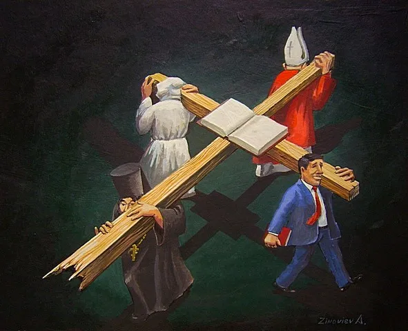 Cartoon of clergy quarrelling over an open book on a cross while a businessman carries the timber away