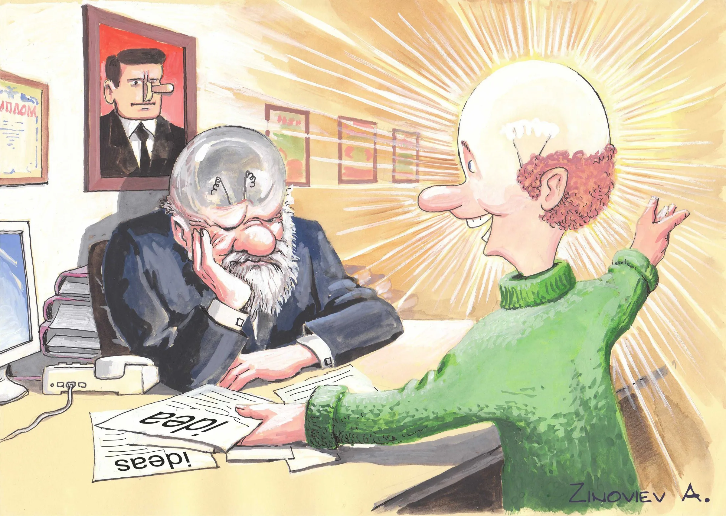 Cartoon of a bald man whose head blazes with light as he pitches ideas to an unimpressed boss