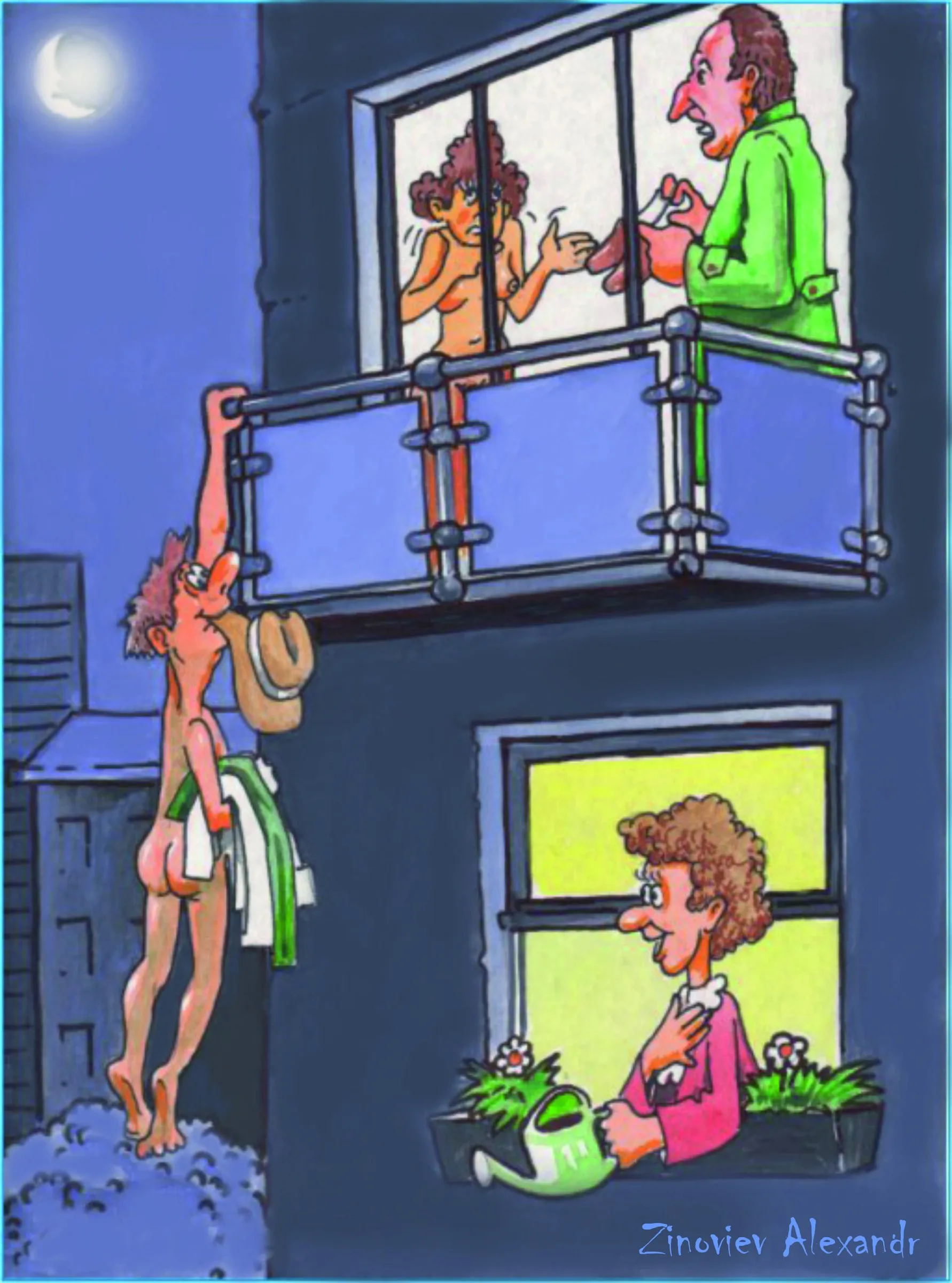 Cartoon of a lover escaping down a balcony by night into the window of the flat below