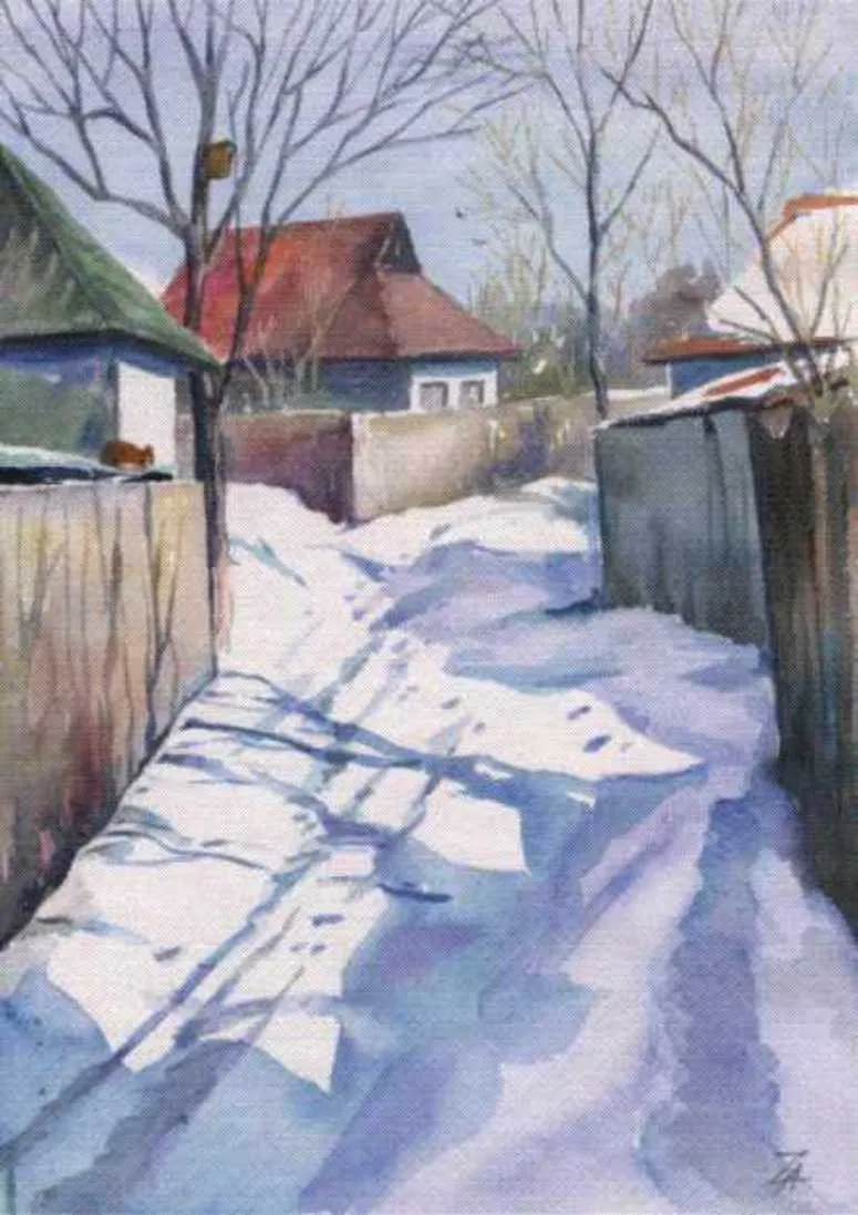 Oil painting of a snow-filled village lane running between wooden fences towards a red-roofed house