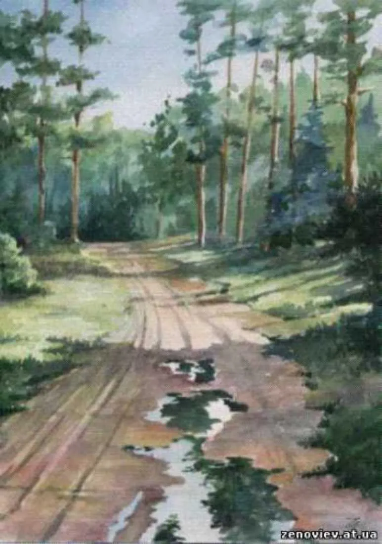 Oil painting of a rutted forest track filled with rainwater, pines standing in green light on both sides