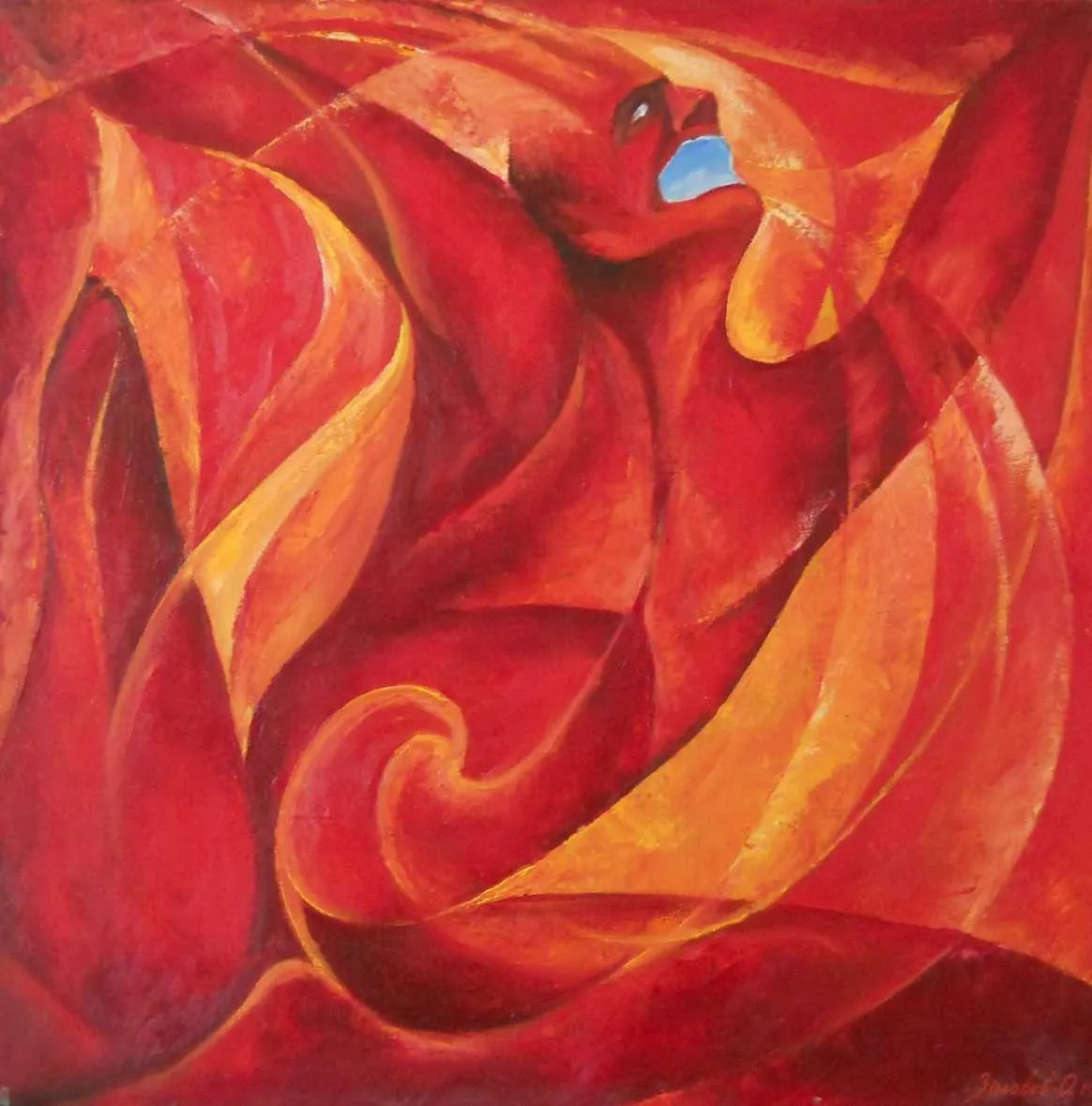 Oil painting of a bird-like form unfurling in swirling reds and oranges, a small blue mouthful of sky at its beak
