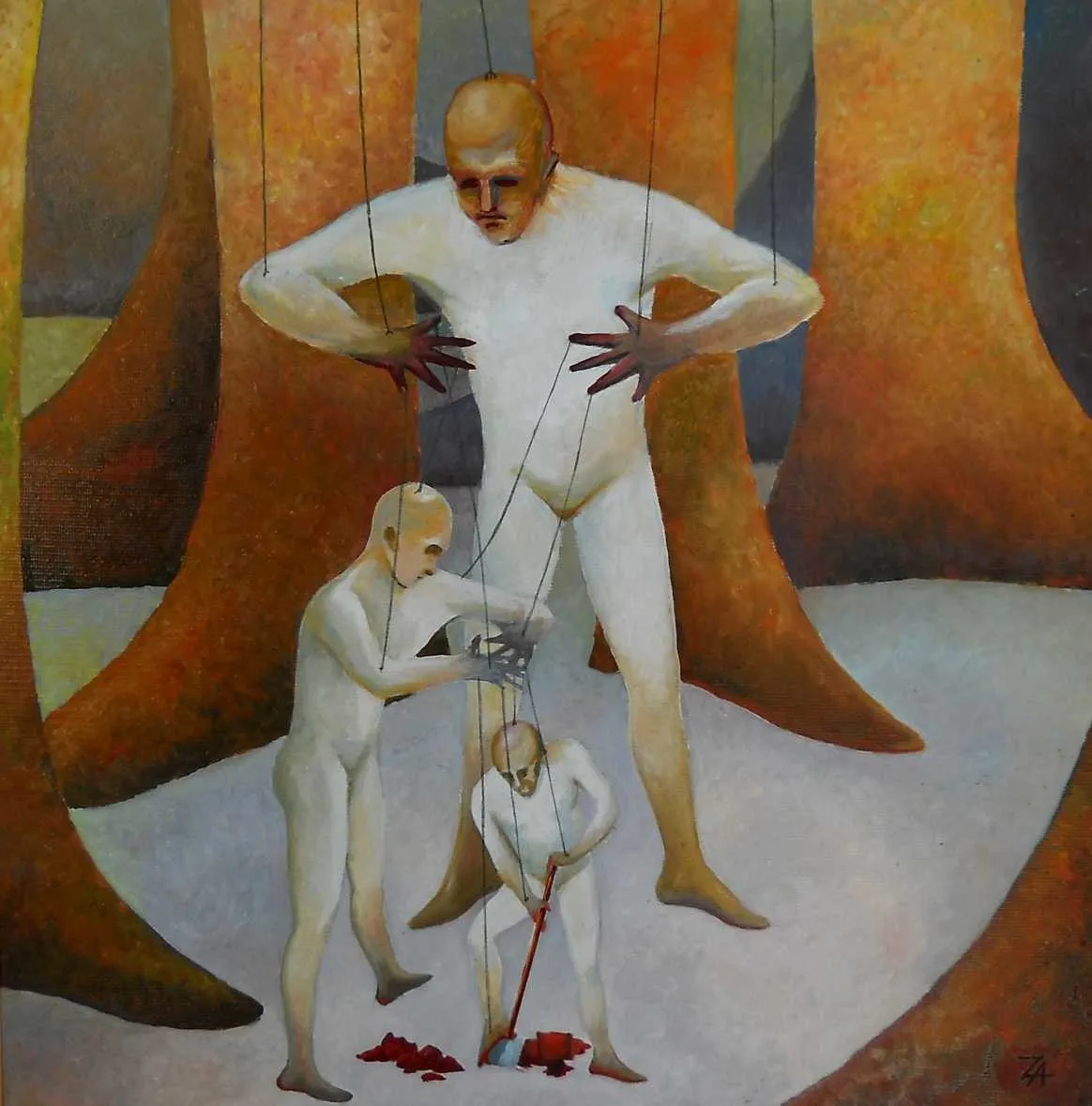 Oil painting of pale featureless figures on strings, the largest working the smaller ones between vast tree trunks