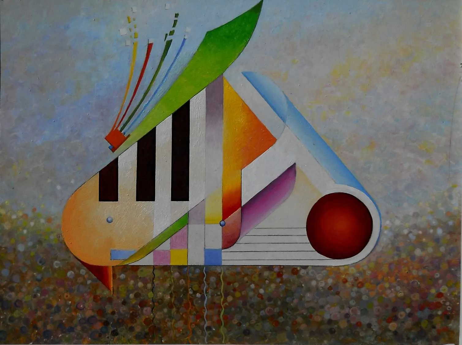 Geometric oil painting built from piano keys, coloured planes and a red sphere over a speckled ground