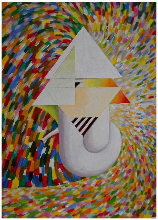 Oil painting of a white column and triangle at the centre of a spiralling storm of coloured facets