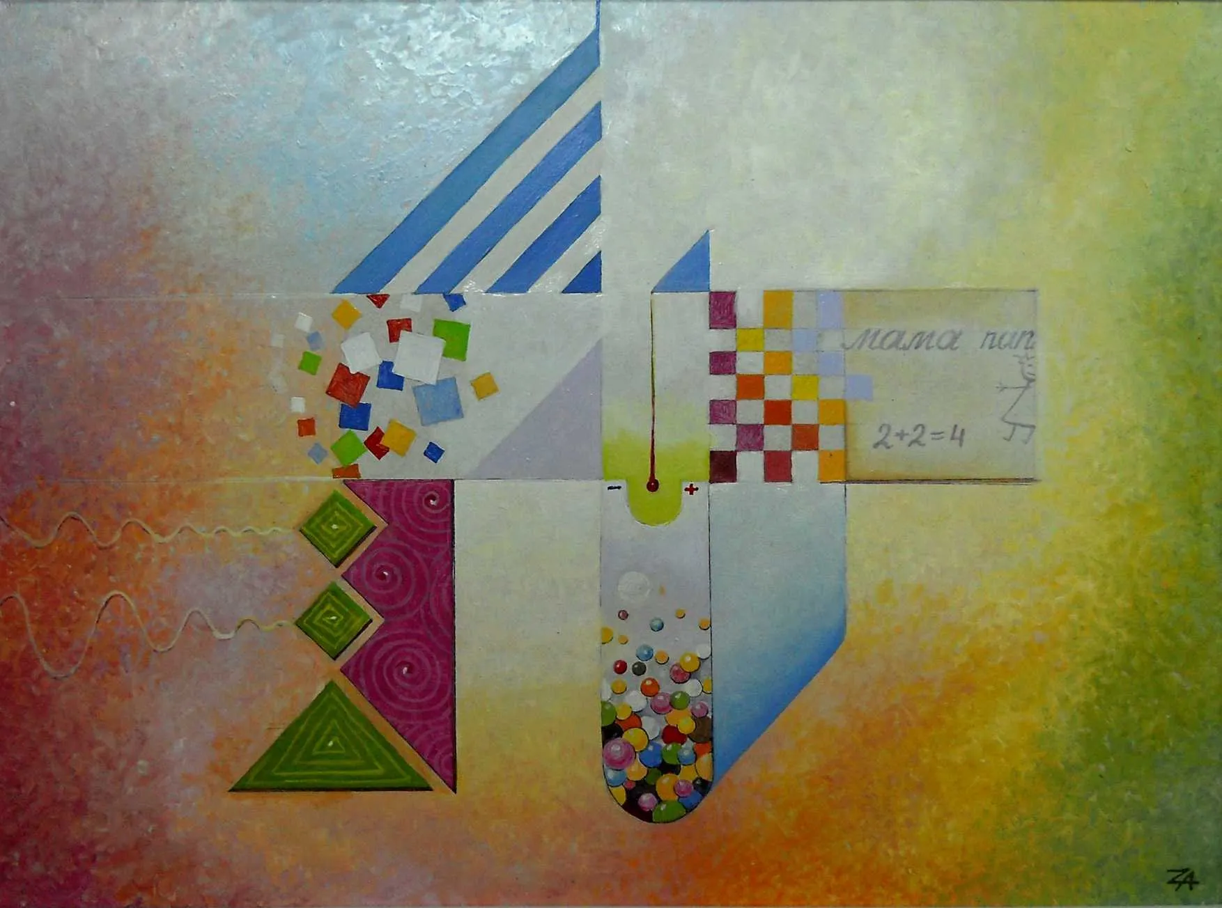 Geometric oil painting of a figure made of coloured blocks beside a slate on which 2 + 2 = 4 is written